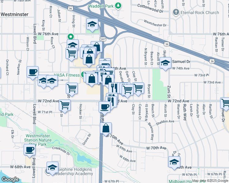 map of restaurants, bars, coffee shops, grocery stores, and more near 2871 Eliot Circle in Westminster