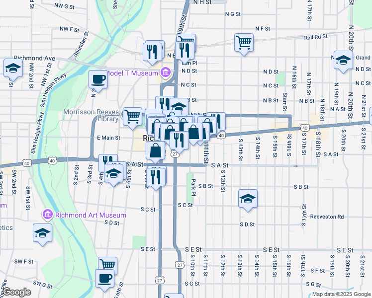 map of restaurants, bars, coffee shops, grocery stores, and more near 22 South 10th Street in Richmond