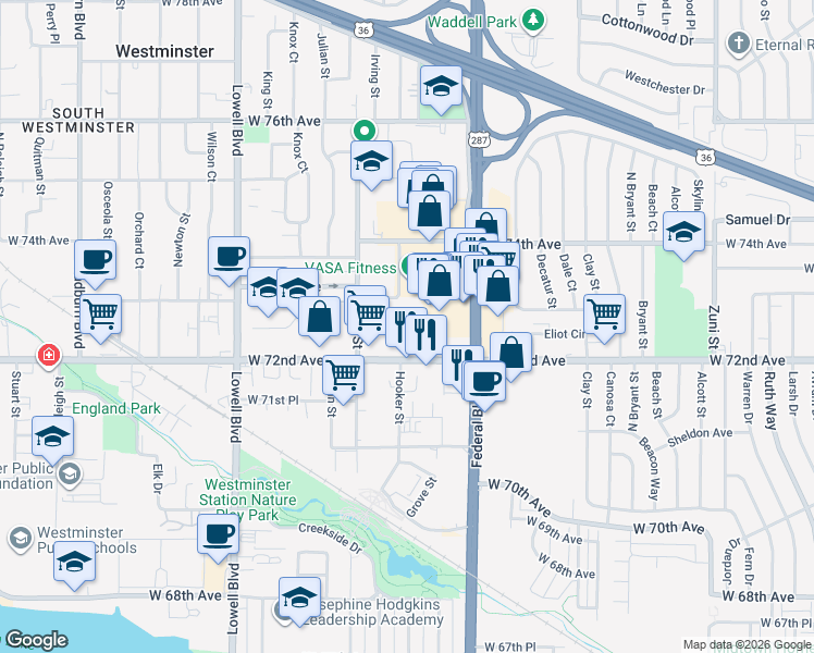 map of restaurants, bars, coffee shops, grocery stores, and more near 3145 West 72nd Avenue in Westminster