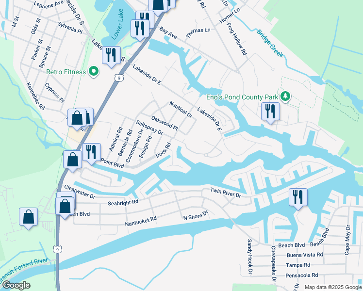 map of restaurants, bars, coffee shops, grocery stores, and more near 79 Saltspray Drive in Lacey Township