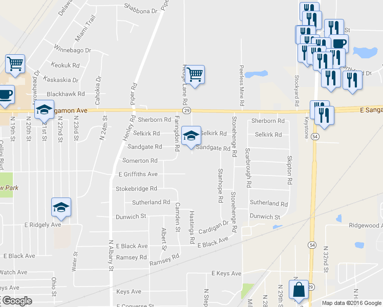 map of restaurants, bars, coffee shops, grocery stores, and more near 2001 Hastings Road in Springfield