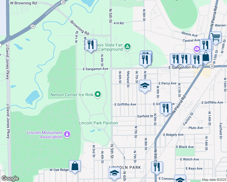map of restaurants, bars, coffee shops, grocery stores, and more near 2048 North 5th Street in Springfield