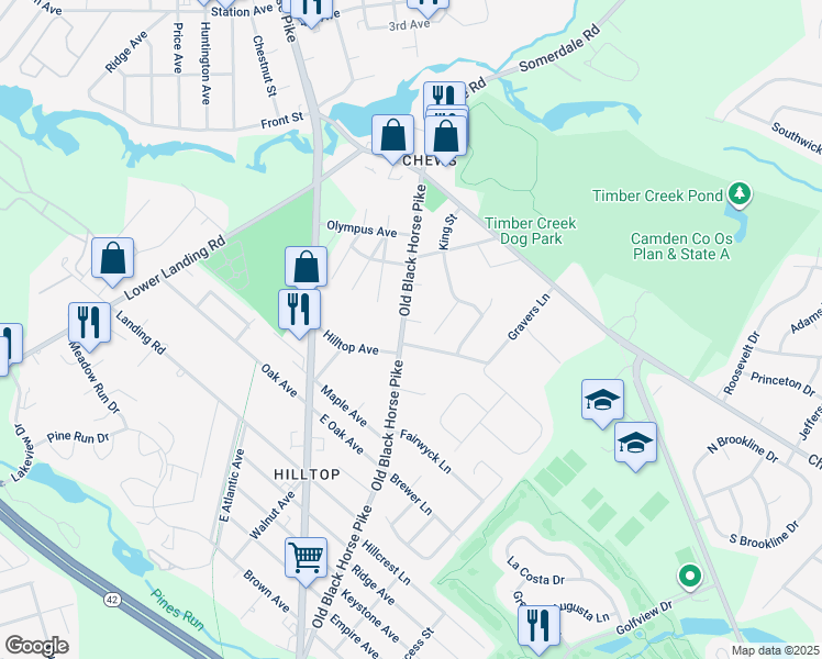 map of restaurants, bars, coffee shops, grocery stores, and more near 1625 Old Black Horse Pike in Camden County
