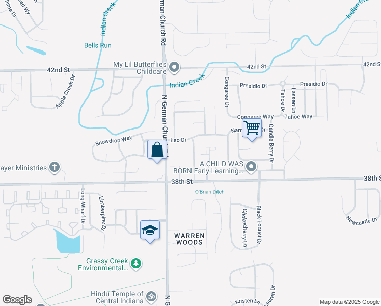 map of restaurants, bars, coffee shops, grocery stores, and more near 3851 Libra Lane in Indianapolis