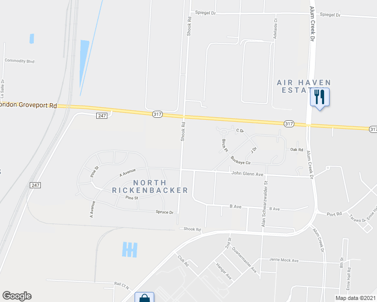 map of restaurants, bars, coffee shops, grocery stores, and more near 198 Shook Road in Columbus