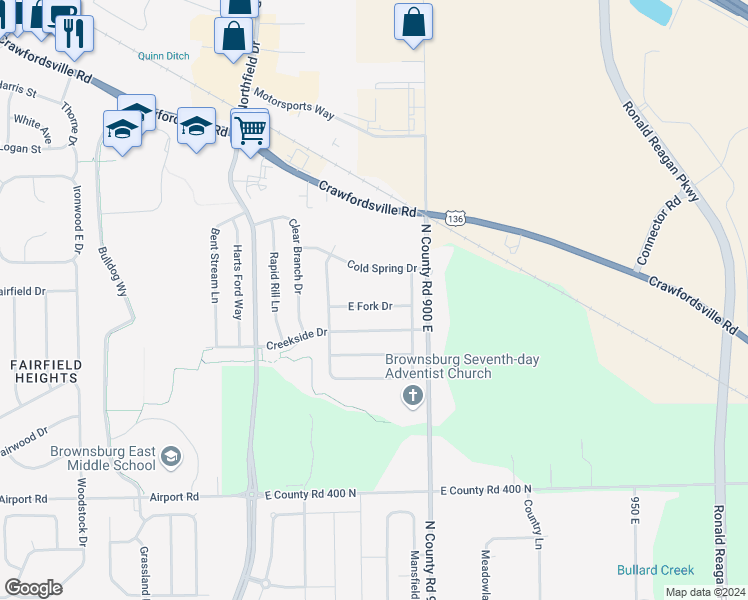 map of restaurants, bars, coffee shops, grocery stores, and more near 1770 East Fork Drive in Brownsburg