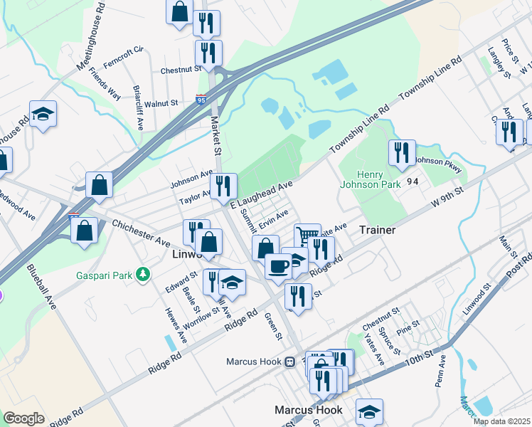 map of restaurants, bars, coffee shops, grocery stores, and more near 127 Fronefield Avenue in Marcus Hook