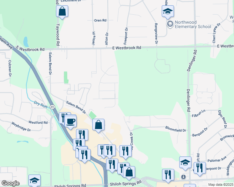 map of restaurants, bars, coffee shops, grocery stores, and more near 5660 Desoto Street in Trotwood