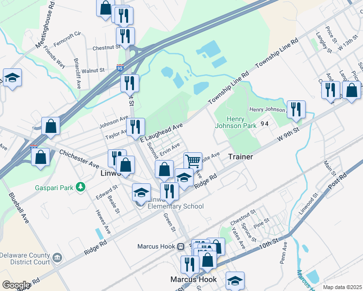 map of restaurants, bars, coffee shops, grocery stores, and more near 163 Ervin Avenue in Linwood