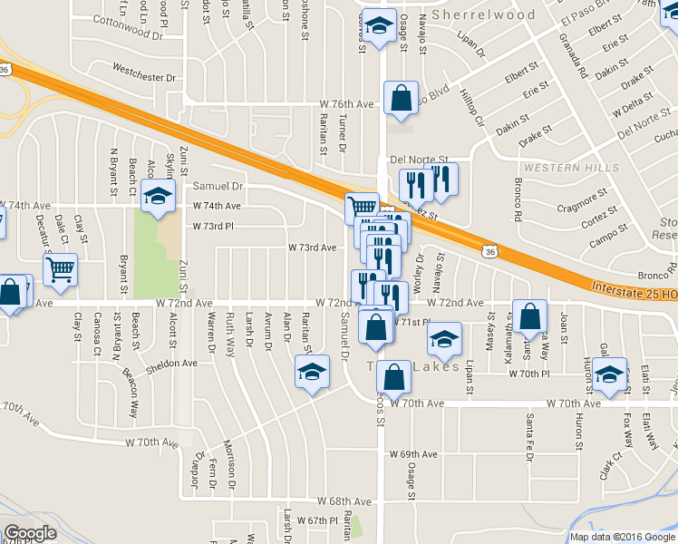 map of restaurants, bars, coffee shops, grocery stores, and more near 1701 West 72nd Avenue in Denver