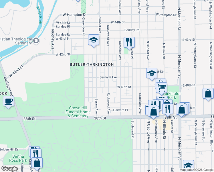 map of restaurants, bars, coffee shops, grocery stores, and more near 3947 Rookwood Avenue in Indianapolis