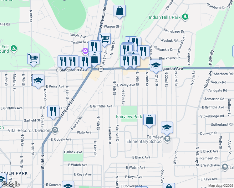 map of restaurants, bars, coffee shops, grocery stores, and more near 2011 North 17th Street in Springfield