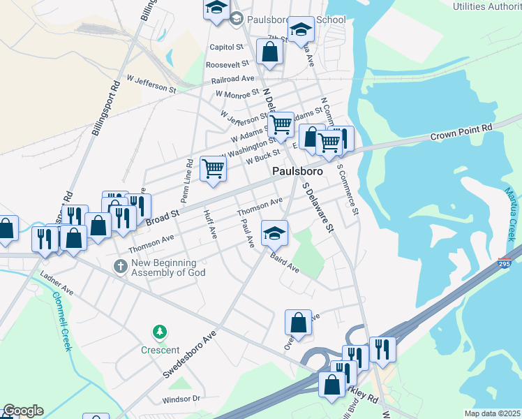 map of restaurants, bars, coffee shops, grocery stores, and more near 126 Thomson Avenue in Paulsboro