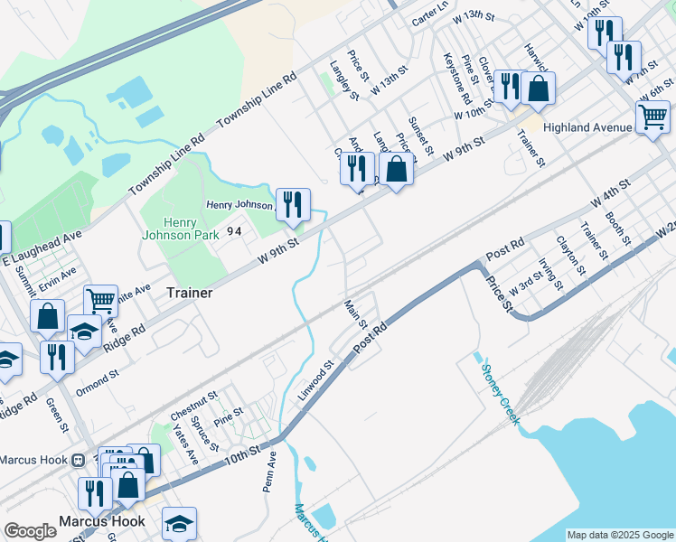 map of restaurants, bars, coffee shops, grocery stores, and more near 626 Main Street in Trainer