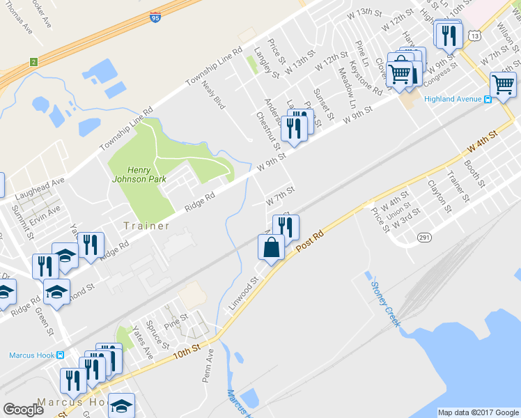 map of restaurants, bars, coffee shops, grocery stores, and more near 626 Main Street in Trainer