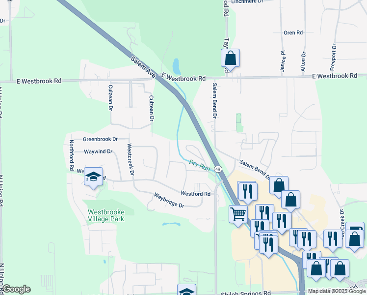 map of restaurants, bars, coffee shops, grocery stores, and more near 5582 Autumn Leaf Drive in Trotwood