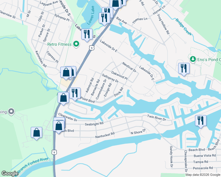 map of restaurants, bars, coffee shops, grocery stores, and more near 467 Ensign Road in Lacey Township