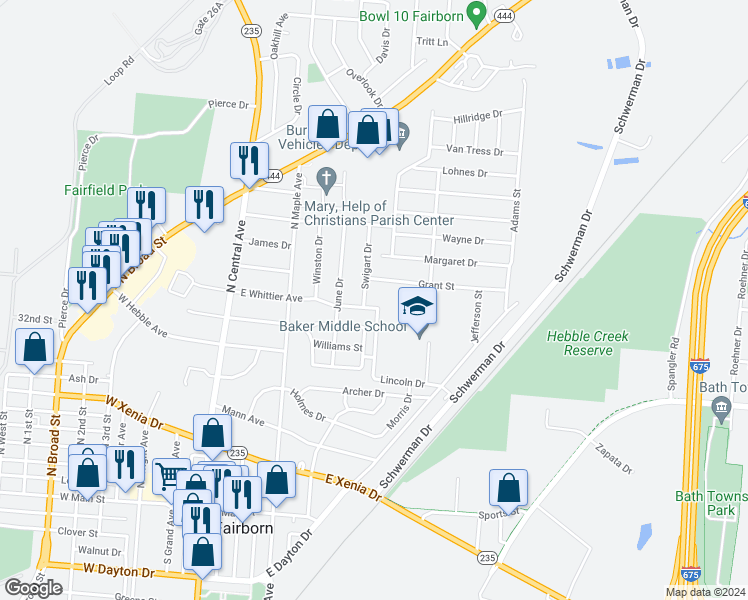 map of restaurants, bars, coffee shops, grocery stores, and more near 375 East Whittier Avenue in Fairborn