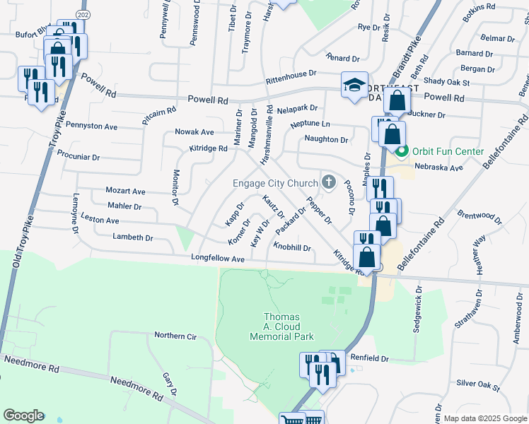 map of restaurants, bars, coffee shops, grocery stores, and more near 4631 Korner Drive in Dayton