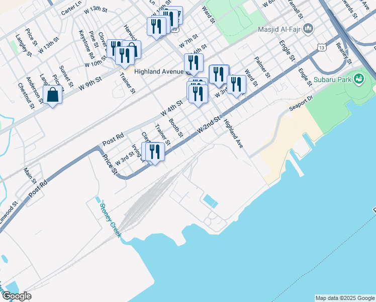 map of restaurants, bars, coffee shops, grocery stores, and more near 102 Booth Street in Chester