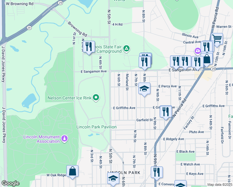 map of restaurants, bars, coffee shops, grocery stores, and more near 2048 North 5th Street in Springfield