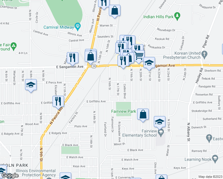 map of restaurants, bars, coffee shops, grocery stores, and more near 2020 North 16th Street in Springfield