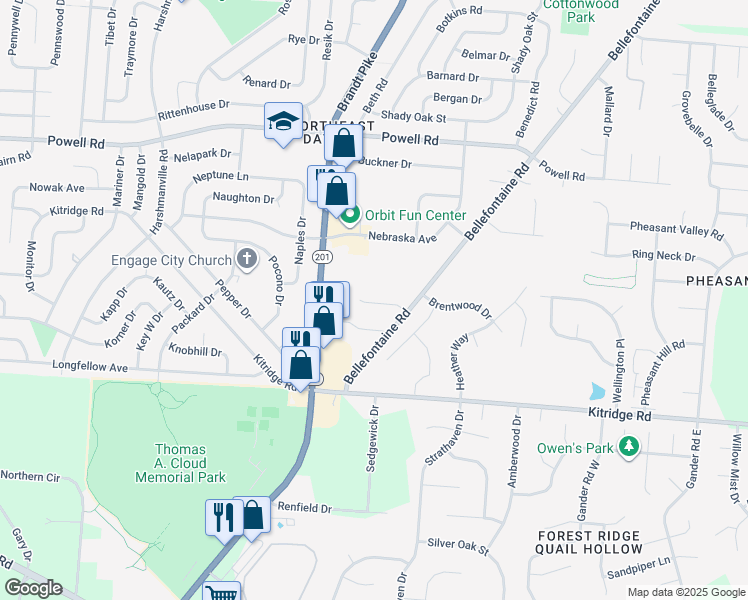 map of restaurants, bars, coffee shops, grocery stores, and more near 4953 Leeper Street in Dayton