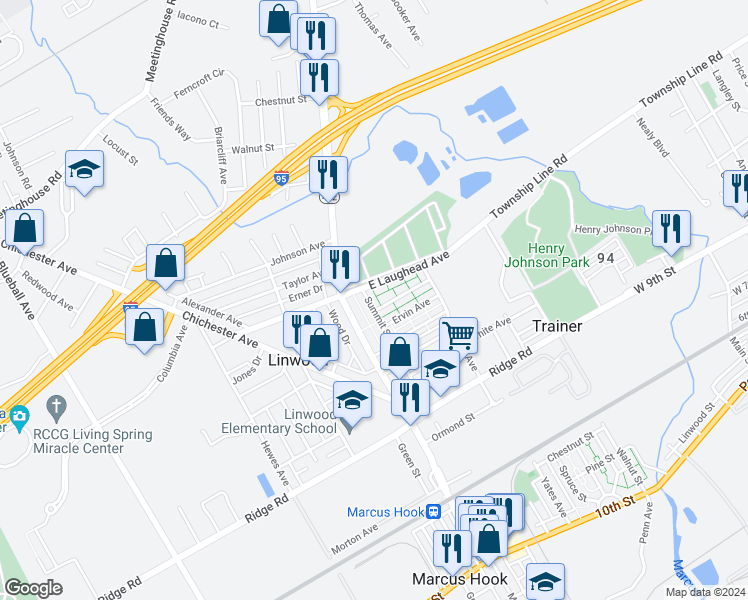 map of restaurants, bars, coffee shops, grocery stores, and more near 1577 Summit Street in Marcus Hook