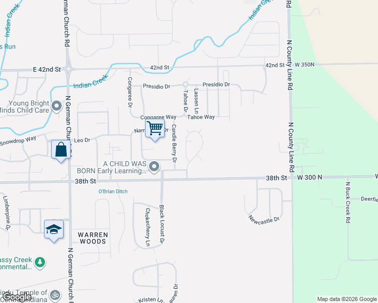 map of restaurants, bars, coffee shops, grocery stores, and more near 3843 Planewood Drive in Indianapolis