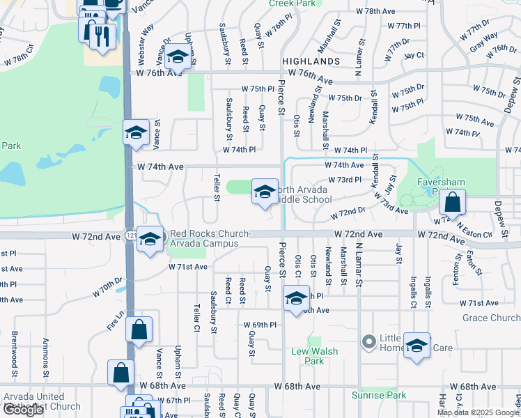 map of restaurants, bars, coffee shops, grocery stores, and more near 7285 Pierce Street in Arvada