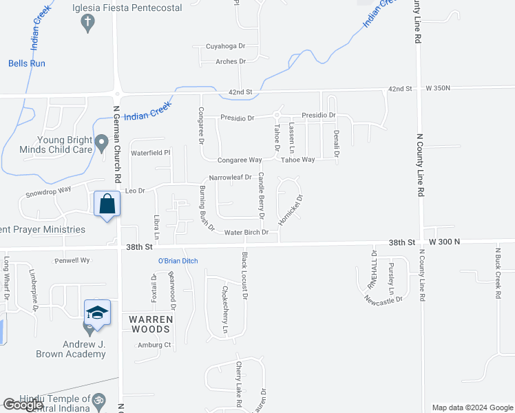 map of restaurants, bars, coffee shops, grocery stores, and more near 3902 Candle Berry Drive in Indianapolis