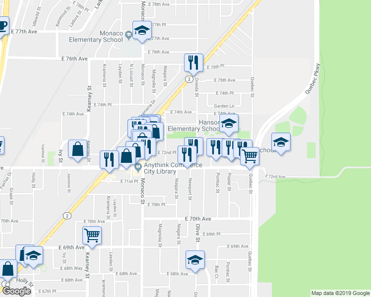map of restaurants, bars, coffee shops, grocery stores, and more near 6858 East 72nd Place in Commerce City
