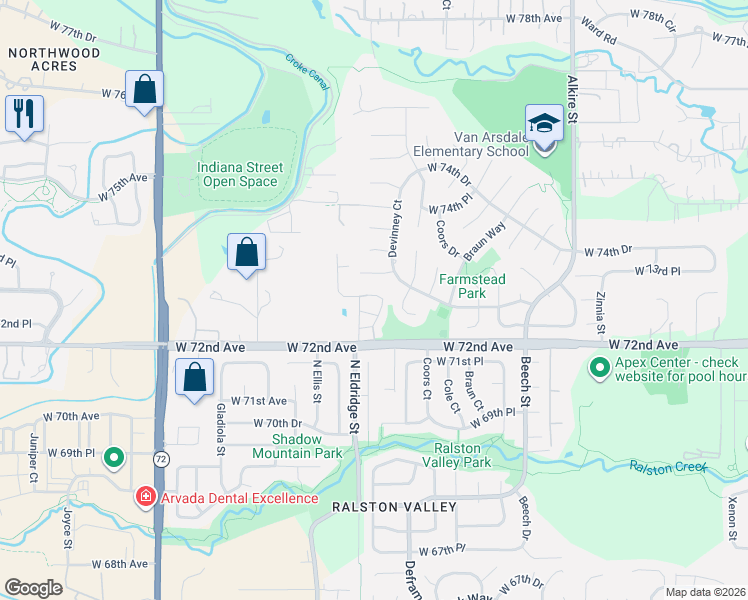 map of restaurants, bars, coffee shops, grocery stores, and more near 7235 Devinney Court in Arvada