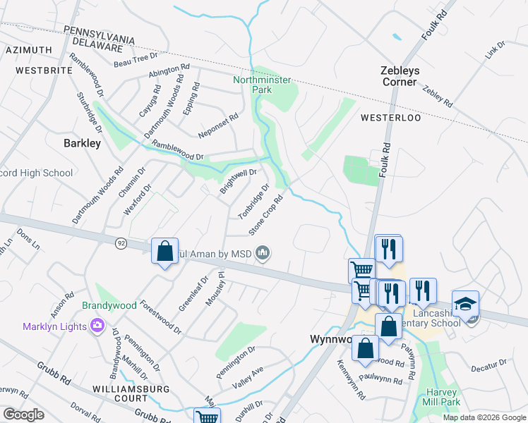 map of restaurants, bars, coffee shops, grocery stores, and more near 16 Stone Crop Road in Wilmington