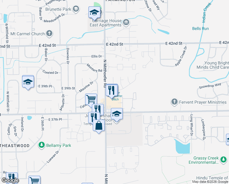 map of restaurants, bars, coffee shops, grocery stores, and more near 3827 Mitthoeffer Road in Indianapolis