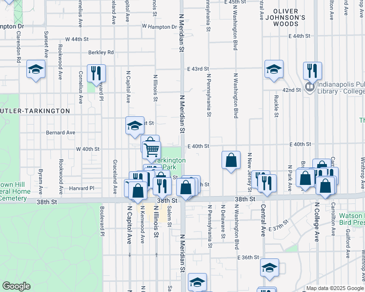 map of restaurants, bars, coffee shops, grocery stores, and more near 3951 North Meridian Street in Indianapolis