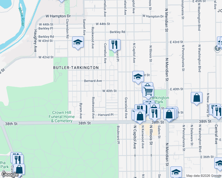 map of restaurants, bars, coffee shops, grocery stores, and more near 317 West 40th Street in Indianapolis