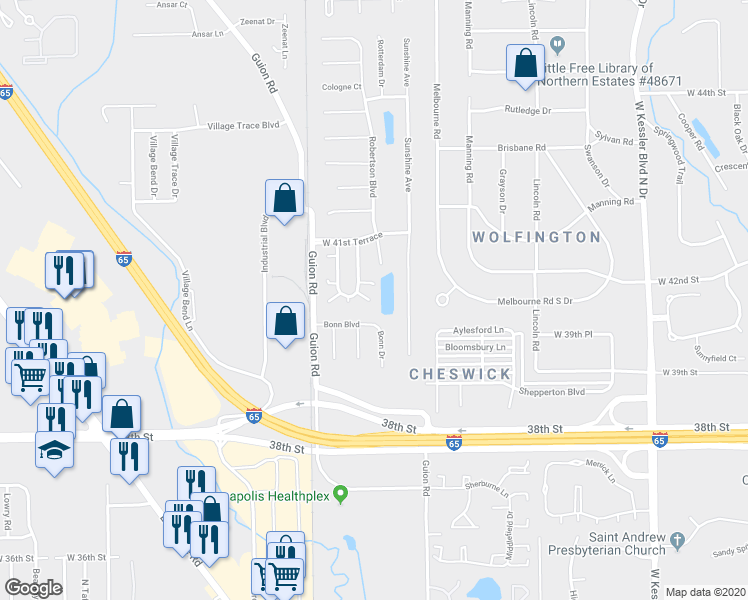 map of restaurants, bars, coffee shops, grocery stores, and more near 3961 Bonn Drive in Indianapolis