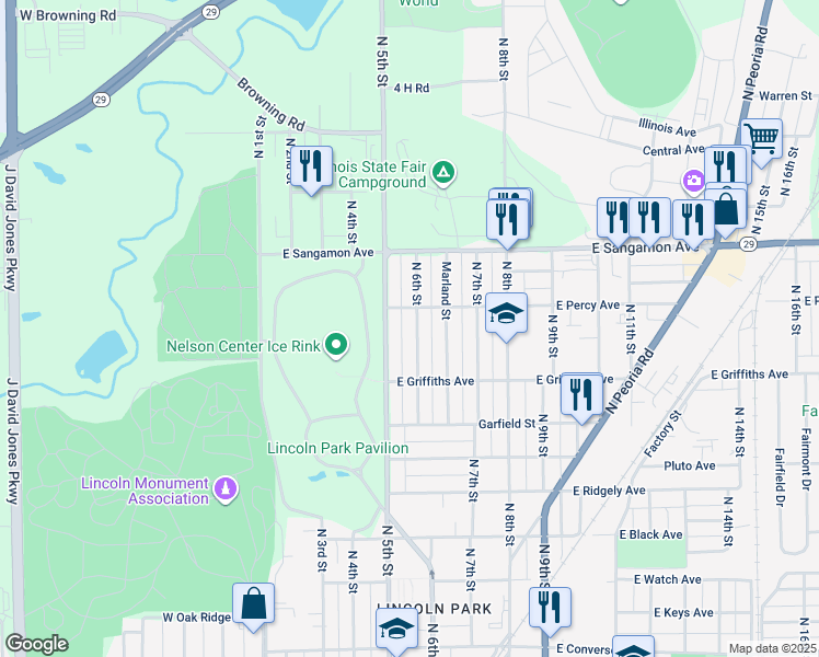 map of restaurants, bars, coffee shops, grocery stores, and more near 2048 North 5th Street in Springfield