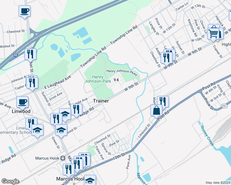 map of restaurants, bars, coffee shops, grocery stores, and more near 4300 West 9th Street in Marcus Hook