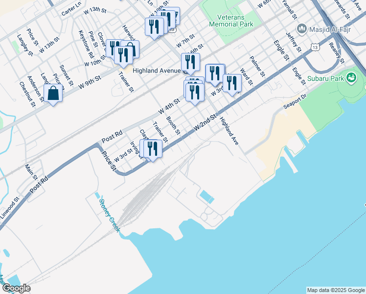 map of restaurants, bars, coffee shops, grocery stores, and more near 106 Booth Street in Chester