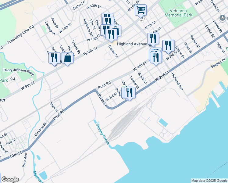 map of restaurants, bars, coffee shops, grocery stores, and more near 3410 West 3rd Street in Trainer