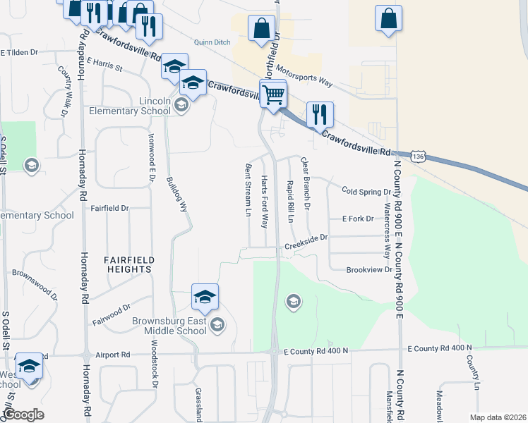 map of restaurants, bars, coffee shops, grocery stores, and more near 312 Harts Ford Way in Brownsburg