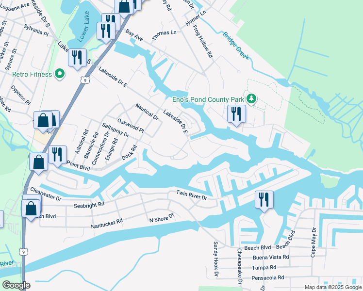 map of restaurants, bars, coffee shops, grocery stores, and more near 78 Saltspray Drive in Lacey Township