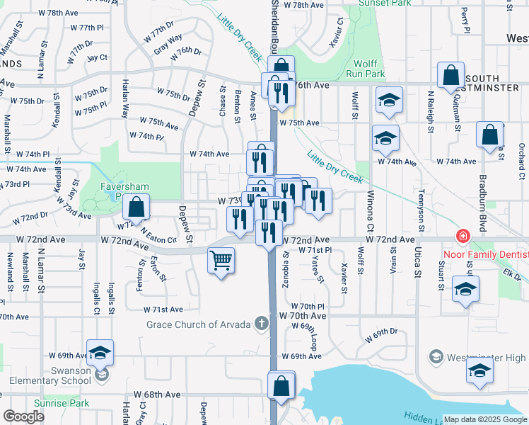 map of restaurants, bars, coffee shops, grocery stores, and more near 7211 Sheridan Boulevard in Westminster