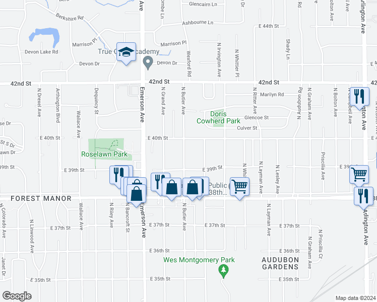 map of restaurants, bars, coffee shops, grocery stores, and more near 3937 North Butler Avenue in Indianapolis