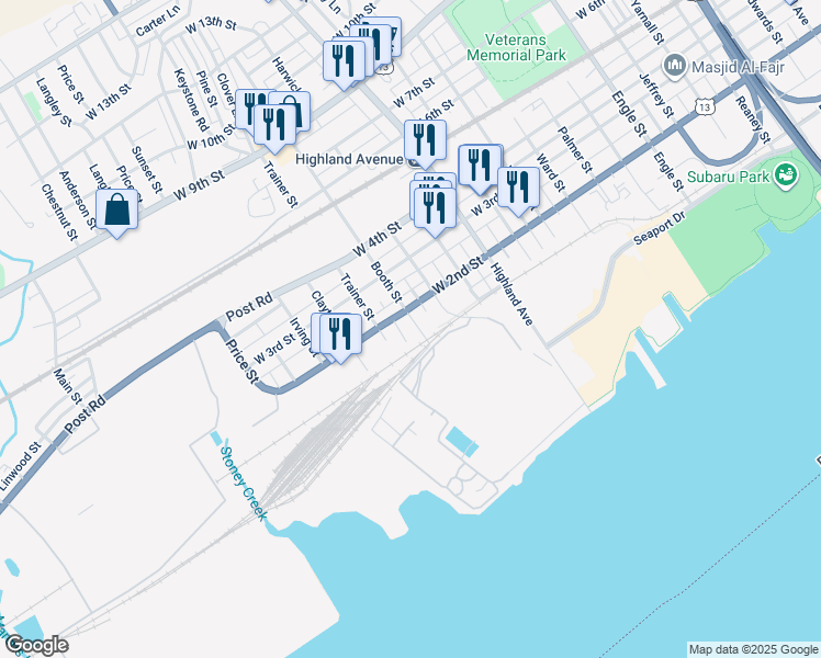 map of restaurants, bars, coffee shops, grocery stores, and more near 106 Booth Street in Chester