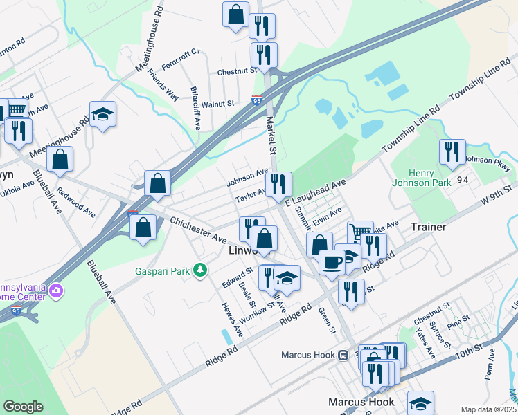 map of restaurants, bars, coffee shops, grocery stores, and more near 32 West Laughead Avenue in Upper Chichester
