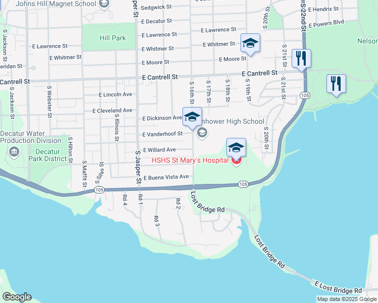 map of restaurants, bars, coffee shops, grocery stores, and more near 1585 East Willard Avenue in Decatur