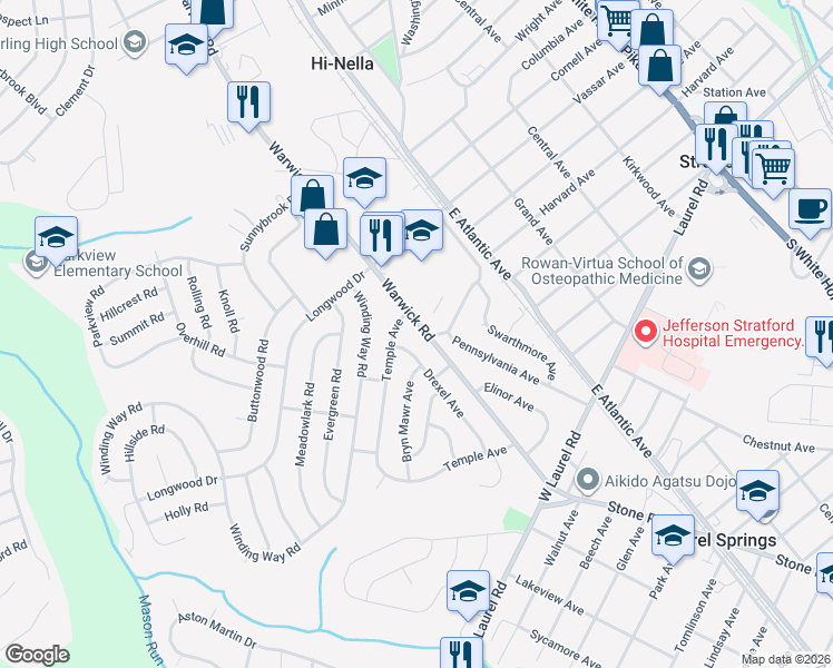 map of restaurants, bars, coffee shops, grocery stores, and more near 44 Warwick Road in Stratford
